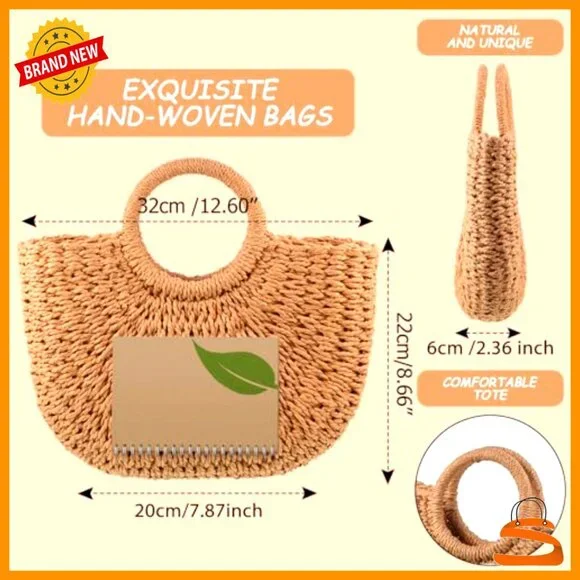 Handmade Straw Tote Bag Rattan Woven Handbag Travel Beach Bag - Picture 4 of 7